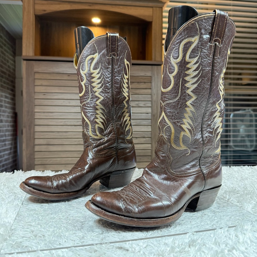 Vintage Nocona Boots 8D Men's Brown Sharkskin Leather Cowboy Gold Stitching 80's